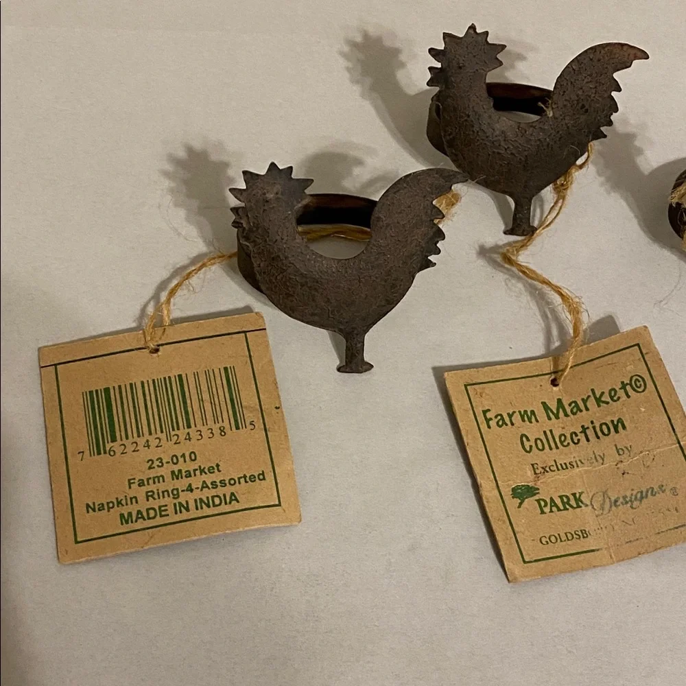 Brown Metal Chicken Rooster Napkin Rings Set of 4 Country Cottage Farmhouse